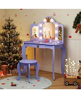 Kids Vanity Set with Tri-Fold Lighted Mirror, Detachable Top, and Stool Fun Dressing Table for