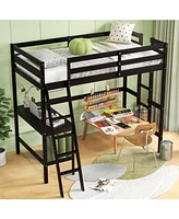 Loft Bed Frame with Angled Desk and Built-in Ladder Space-Saving Design for Bedroom or Dorm