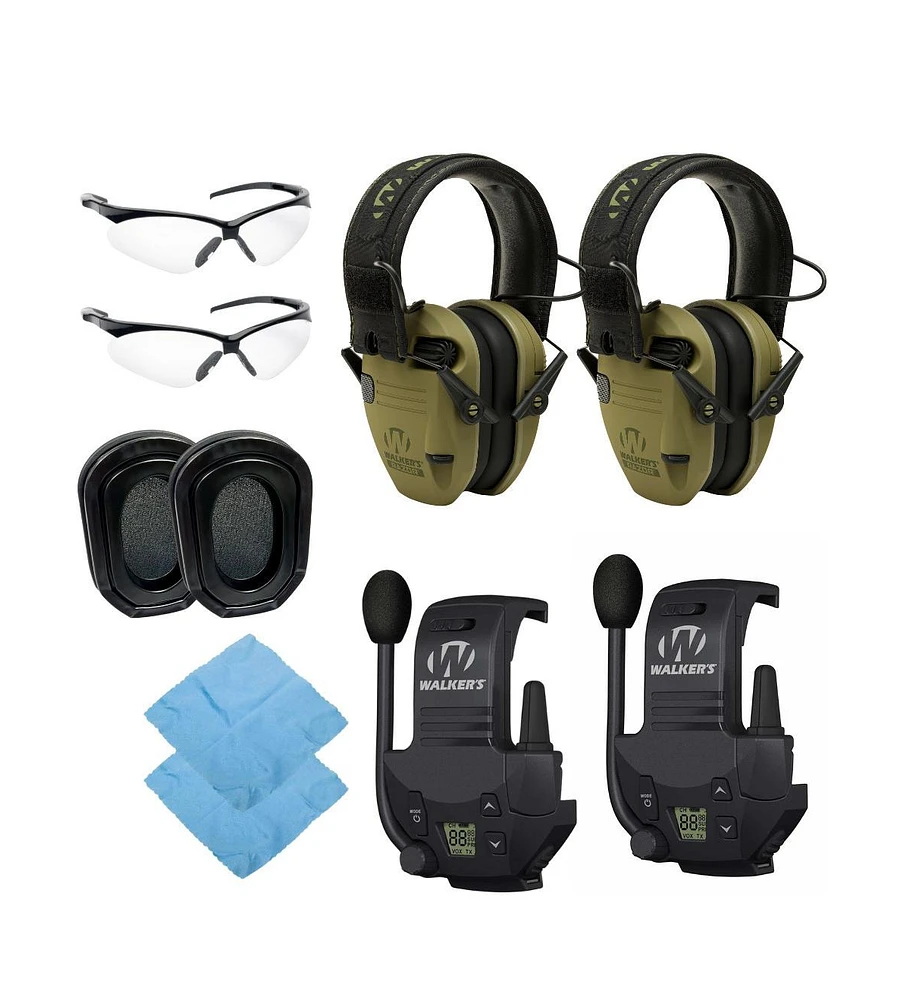 Walkers Razor Slim Electronic Muff (Od Grn Patriot) Bundle with Walkie-Talkie Attachments Gel Filled Earpad Shooting Glasses and Microfiber Cleaning C