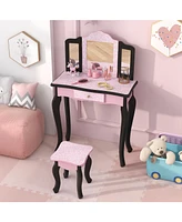 2-in-1 Princess Dressing Table Writing Desk with Cute Leopard Print and 3 Makeup Accessories Fun Vanity Set for Kids