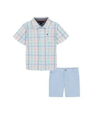 Tommy Hilfiger Toddler Boys 2-Piece Short Sleeve Seersucker Plaid Shirt and Oxford Shorts Set