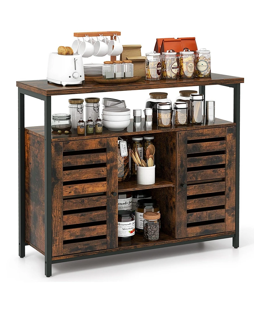 Buffet Cabinet Industrial Sideboard Storage Cabinet with Push-to-Open Slatted Door and 3 Adjustable Shelves