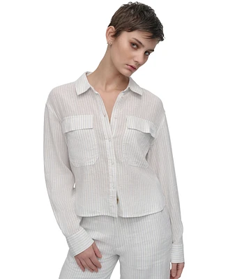 Dkny Jeans Women's Linen-Blend Cropped Long-Sleeve Shirt