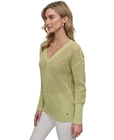 Dkny Jeans Women's Cotton Open-Knit V-Neck Sweater