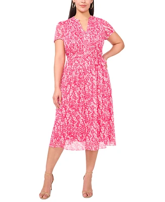Msk Plus Printed Split-Neck Short-Sleeve Chiffon Dress