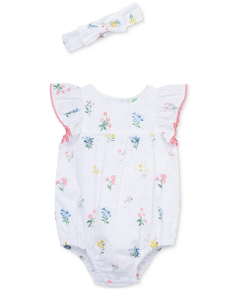 Little Me Baby Girls Cotton Eyelet Floral Bubble Romper & Headband, 2 Piece Set