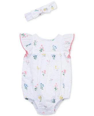 Little Me Baby Girls Cotton Eyelet Floral Bubble Romper & Headband, 2 Piece Set
