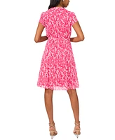 Msk Petite Printed Split-Neck Pin-Tuck Tie Waist Dress