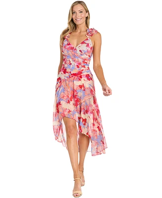 R & M Richards Petite Floral-Print Ruched High-Low Dress