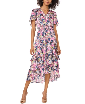 Vince Camuto Women's Floral-Print Tiered Flutter-Sleeve Dress