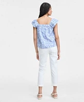 Liverpool Los Angeles Womens Square Neck Blouse Rolled Cuff Keeper Boyfriend Jeans