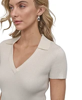 Dkny Jeans Womens Ribbed V-Neck Polo Sweater