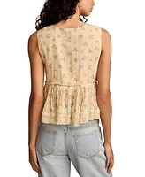 Lucky Brand Women's Printed Ruched Ruffled V-Neck Top