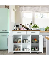 Rolling Kitchen Trolley Cart with Wood Countertop and Storage Cabinet