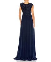 Women's Appliqued Cap Sleeve Bodice Flowy Gown