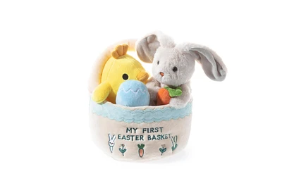 Sperric Easter Baby Plush Playset with Easter Basket, Bunny Holding Carrot, Easter Egg, and Squeaky Chicken, Sensory and Decorative Toys for Babies &