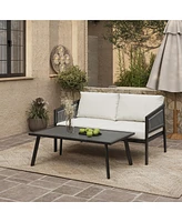 LuxenHome Outdoor Black Steel with Pe Rope Loveseat with Cushions and Coffee Table Set
