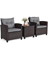 Gymax Set of 3 Rattan Furniture Patio Cushioned Conversation Sofa