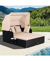 Patio Rattan Daybed with Retractable Canopy and Side Tables
