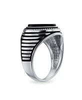 Bling Jewelry Retro Grooved Mens Silver Ring with Black Onyx Square Signet Sterling Silver Band