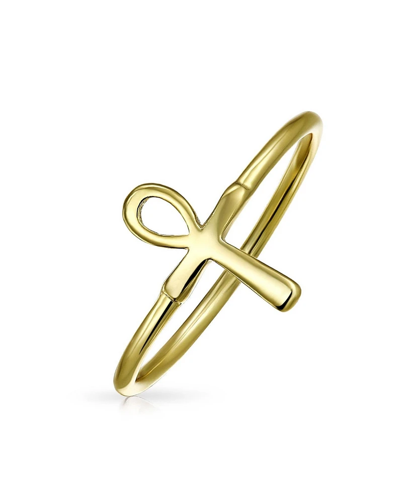 Bling Jewelry Minimalist Silver Ring with Egyptian Ankh Cross 14K Gold Plated Sterling Band