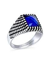 Bling Jewelry Mens Stainless Steel Blue Sapphire Signet Ring Oxidized Silver Handmade