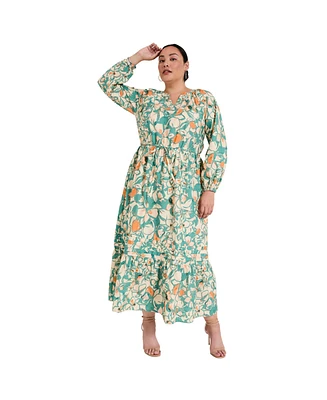 June + Vie Women's Plus Raglan Puff Sleeve Maxi Dress