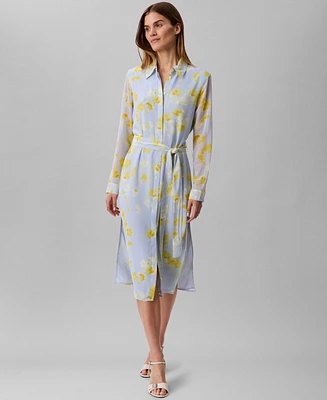 Calvin Klein Women's Long Sleeve Printed Chiffon Belted Shirtdress