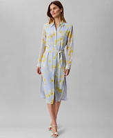 Calvin Klein Women's Long Sleeve Printed Chiffon Belted Shirtdress