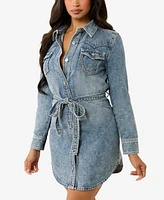 True Religion Women's Georgia Shirt Belted Denim Dress