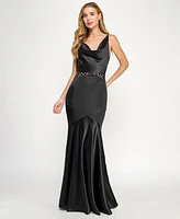 Seni & Cade Juniors' Satin Cowlneck Cutout Gown
