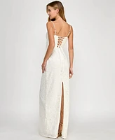 Seni & Cade Juniors' Back-Slit Lace Gown