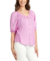 Bcx Juniors' Puff-Sleeve Button-Front Knit Top