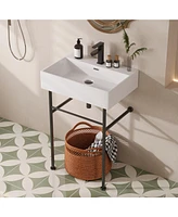 DeerValley Ceramic White Rectangular Single Faucet Hole 24 in Console Bathroom Sink with Overflow