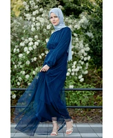 Urban Modesty Women's Blue Mesh Pearl Long Sleeve Gown