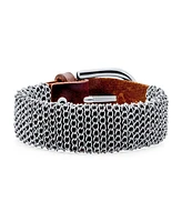 Bling Jewelry Hip Hop Wrap Bracelet Punk Rocker Metal Mesh Chain with Brown Leather Buckle