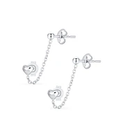 Bling Jewelry Love Double Pierced Mini Heart Ear Cuff Cartilage Chain & Ball Stud Earrings Silver