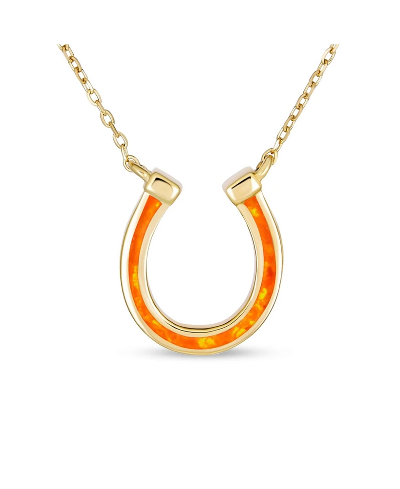 Bling Jewelry Delicate White or Orange Fire Created Opal Equestrian Good Luck Charm Horseshoe Necklace Pendant Western .925 Sterling Silver