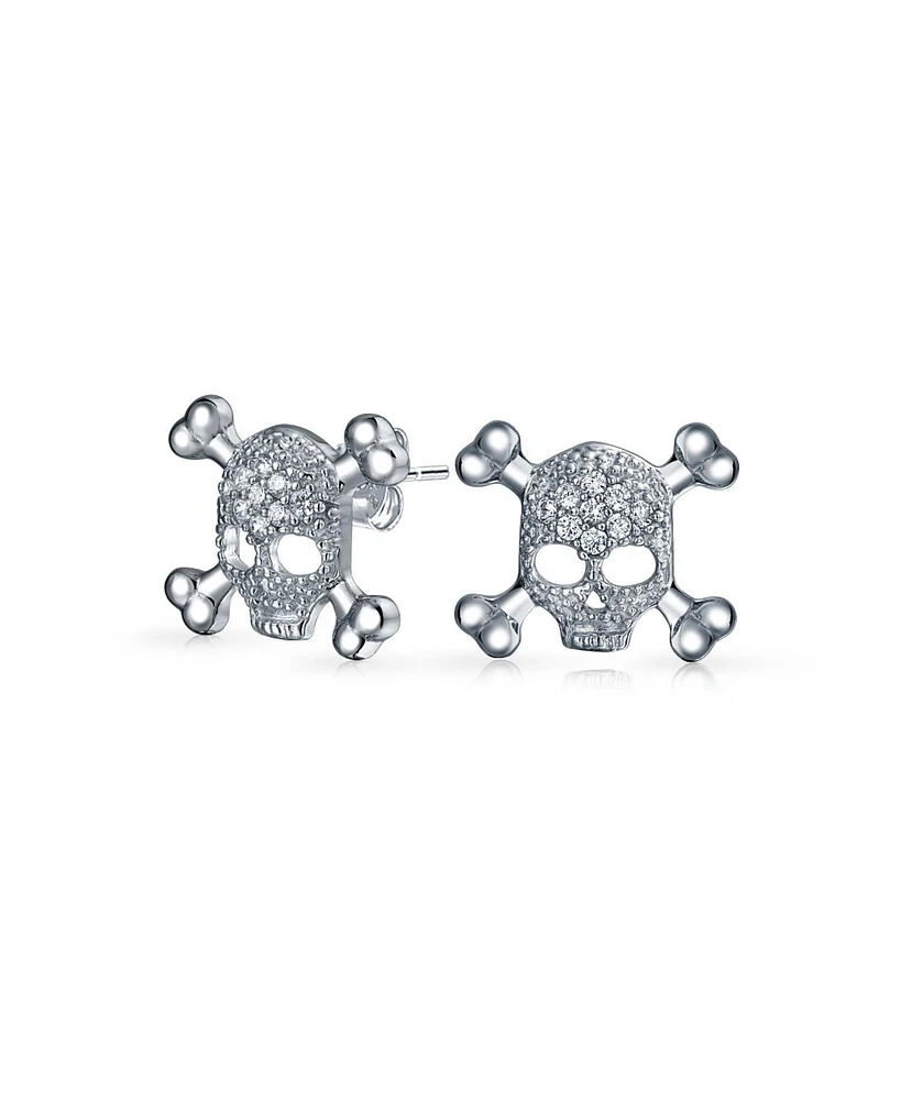 Bling Jewelry Unisex Dia De Los Muertos White Cz Skull Crossbones Stud Earrings Sterling Silver