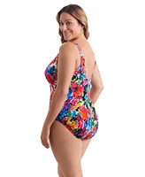 Longitude by Mimi Flamingo Blooming Bouquet Twist Drape Tank One Piece Swimsuit