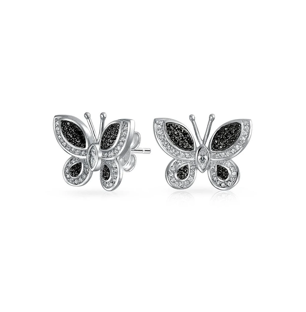 Bling Jewelry Monochrome Black & White Cubic Zirconia Cz Stud Earrings with Butterfly Design Silver