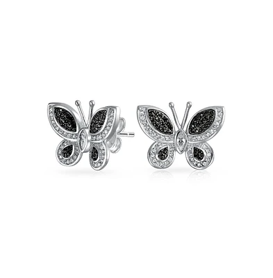 Bling Jewelry Monochrome Black & White Cubic Zirconia Cz Stud Earrings with Butterfly Design in Silver