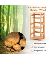 4-Tier Bookshelf Rubber Wood Bookcase with Side Fences for Living Room