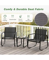 2 Rocking Bistro Chairs with Glass-Top Table Cozy Outdoor Patio Set for Porch, Yard, or Balcony