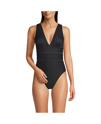 Lands' End Women's Mesh Ribbed Plunge High Leg One Piece Swimsuit