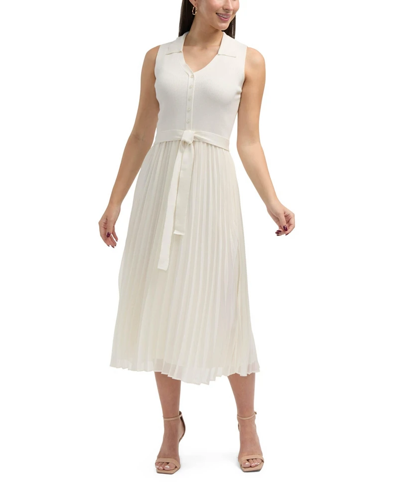 Ellen Tracy Women s Sleeveless Mix Media Pleated Dress