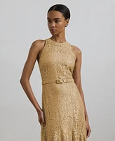 Lauren Ralph Women's Belted Metallic Lace Tiered Gown