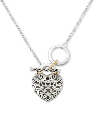 Marcasite Filigree Padlock Heart 18" Pendant Toggle Necklace in Sterling Silver & 18k Gold-Plate