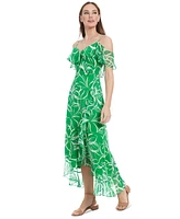 London Times Petite Printed Cold-Shoulder Maxi Dress