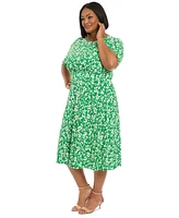 London Times Plus Floral-Print Short-Sleeve Midi Dress